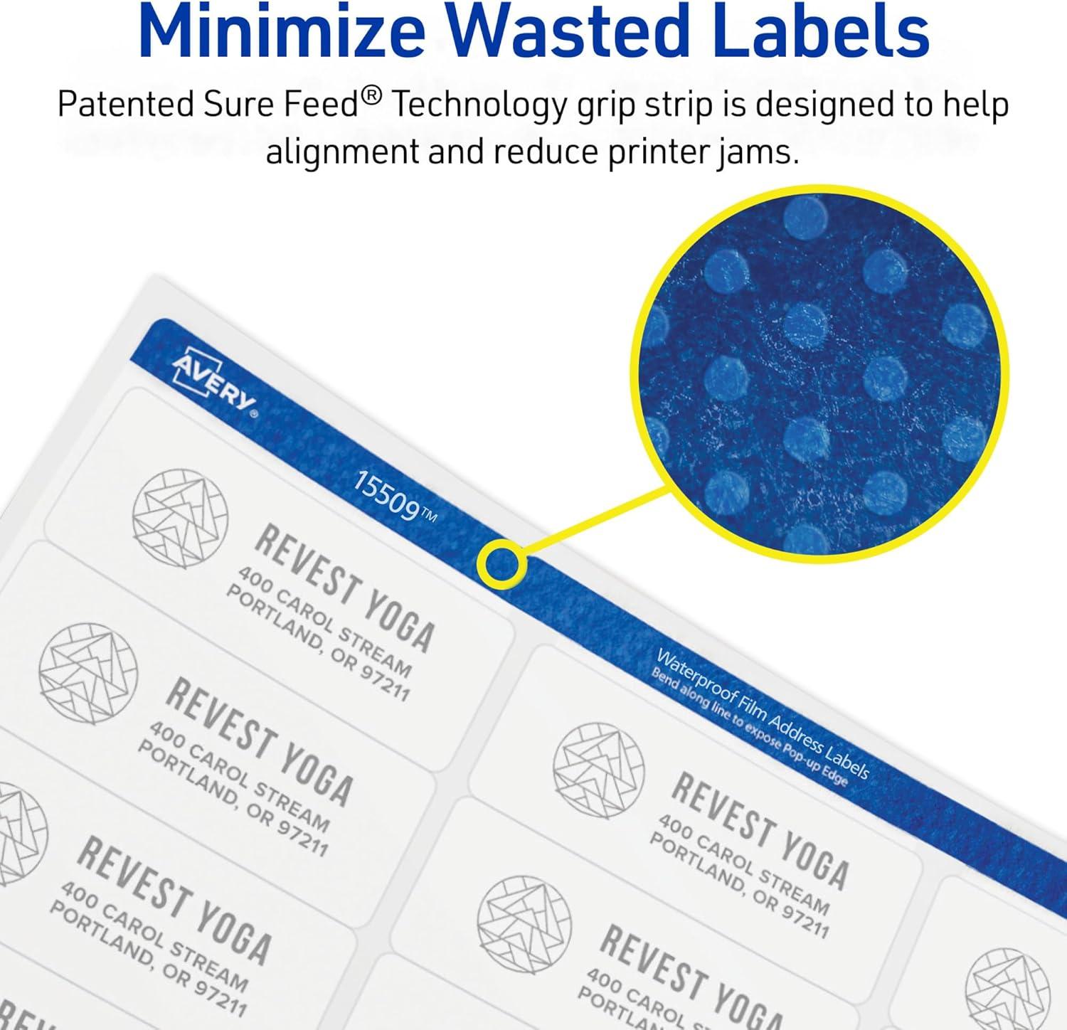 imageAvery Waterproof Printable Address Labels with Sure Feed 1quot x 258quot White Ultrahold Permanent Adhesive Laser Printers 300 Blank Mailing Labels Great for Mailing Branding and More 15509