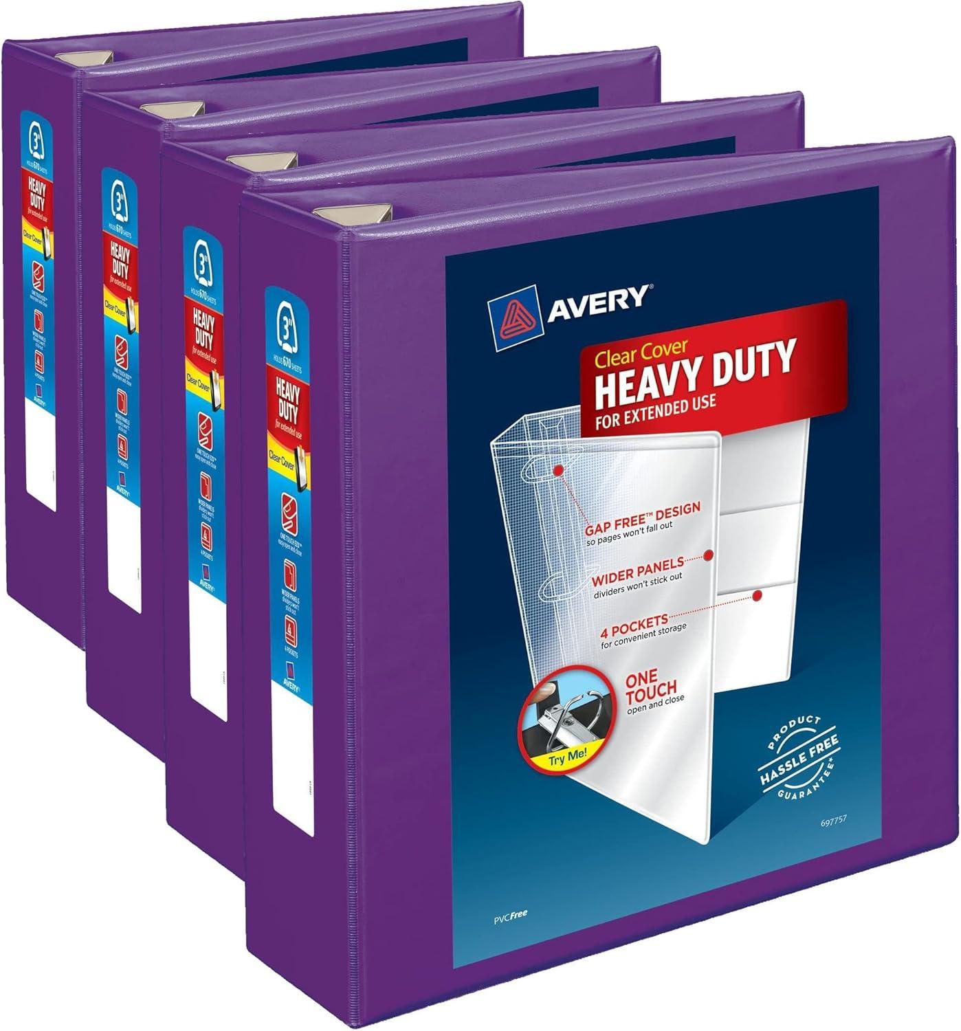 imageAveryR HeavyDuty View 3 Ring Binder 1quot OneTouch EZDR Rings 1 Purple Binder 79771Purple