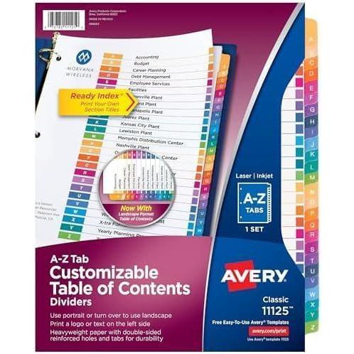 imageAvery AZ Dividers for 3 Ring Binders 26 Tabs per Set Customizable Table of Contents Multicolor Tabs Great for Organizing Reports Projects and More 111250281 H x 110 L x 110 W Pack of 12