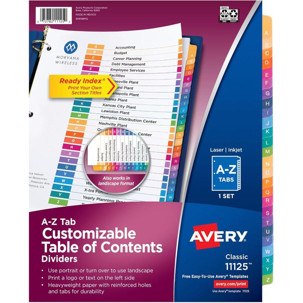 imageAvery AZ Dividers for 3 Ring Binders 26 Tabs per Set Customizable Table of Contents Multicolor Tabs Great for Organizing Reports Projects and More 111250281 H x 110 L x 110 W