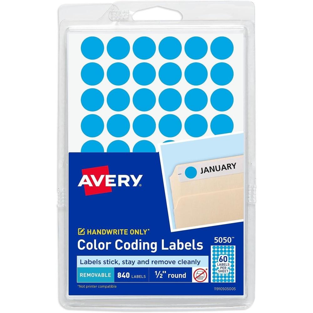 imageAvery ColorCoding Removable Labels 12 Inch Round Stickers Light Blue NonPrintable 840 Dot Stickers Total 5050One Size
