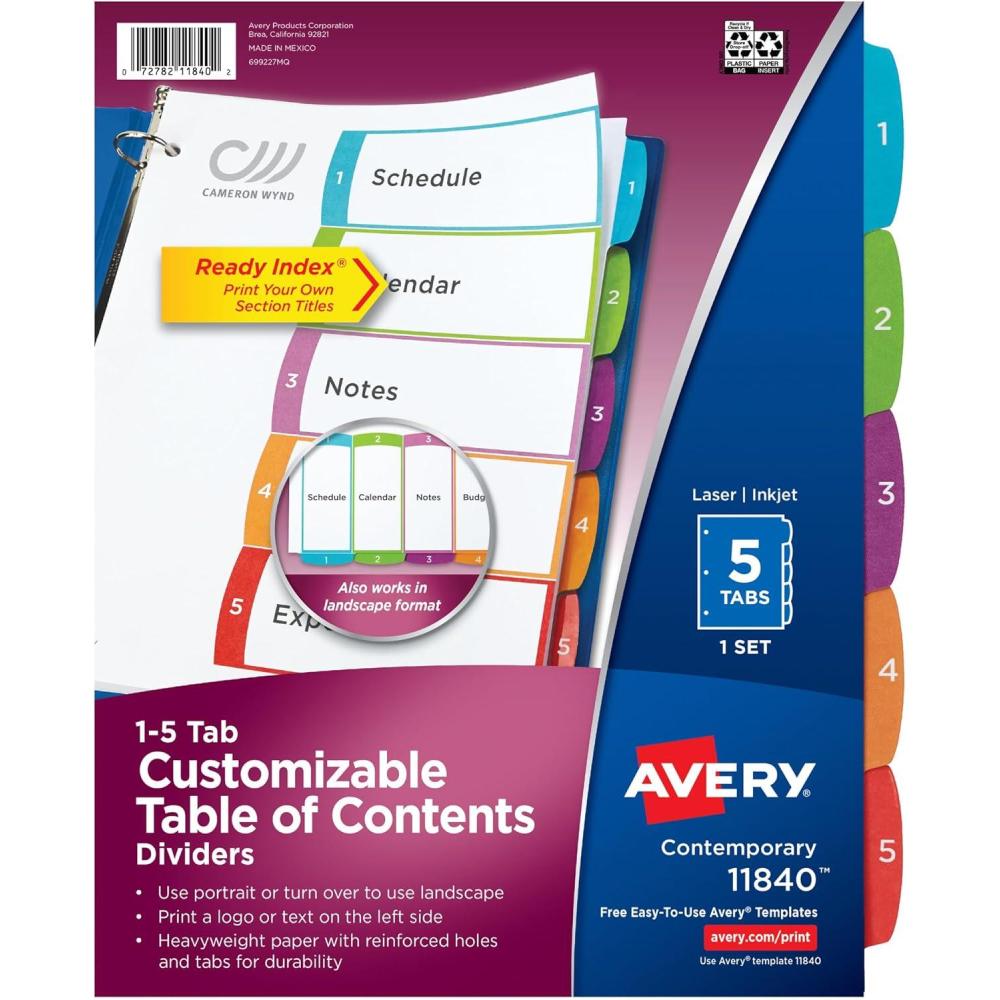 imageAvery Dividers for 3 Ring Binders 5 Tabs per Set Customizable Table of Contents Multicolor Arched Tabs Great for Organizing Reports Projects and More 11840Pack of 1