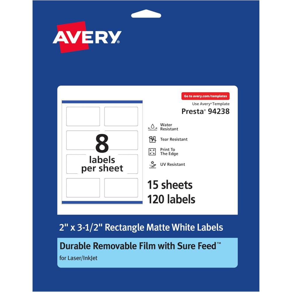 imageAvery Durable Removable Rectangle Labels Sure Feed Technology 2quot x 35quot Matte White Film WaterResistant PrinttoTheEdge LaserPigmentBased Inkjet Printable 200 Total120 labels