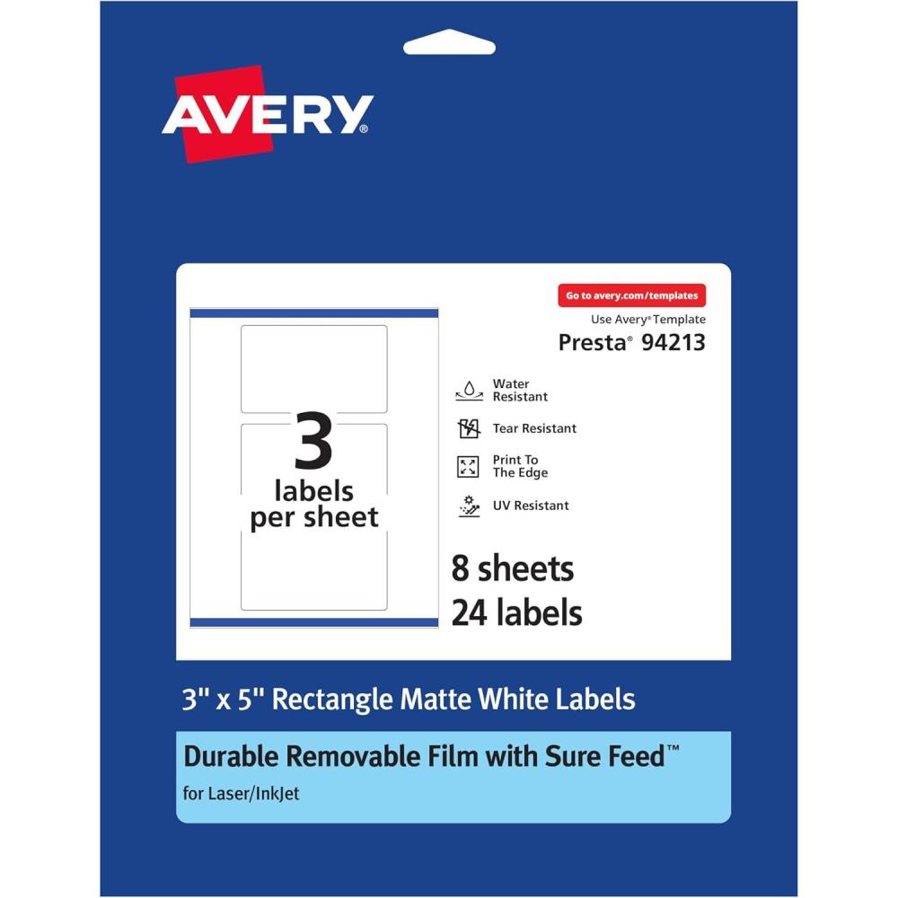 imageAvery Durable Removable Rectangle Labels Sure Feed Technology 3quot x 5quot Matte White Film WaterResistant PrinttoTheEdge LaserPigmentBased Inkjet Printable 75 Total24 labels