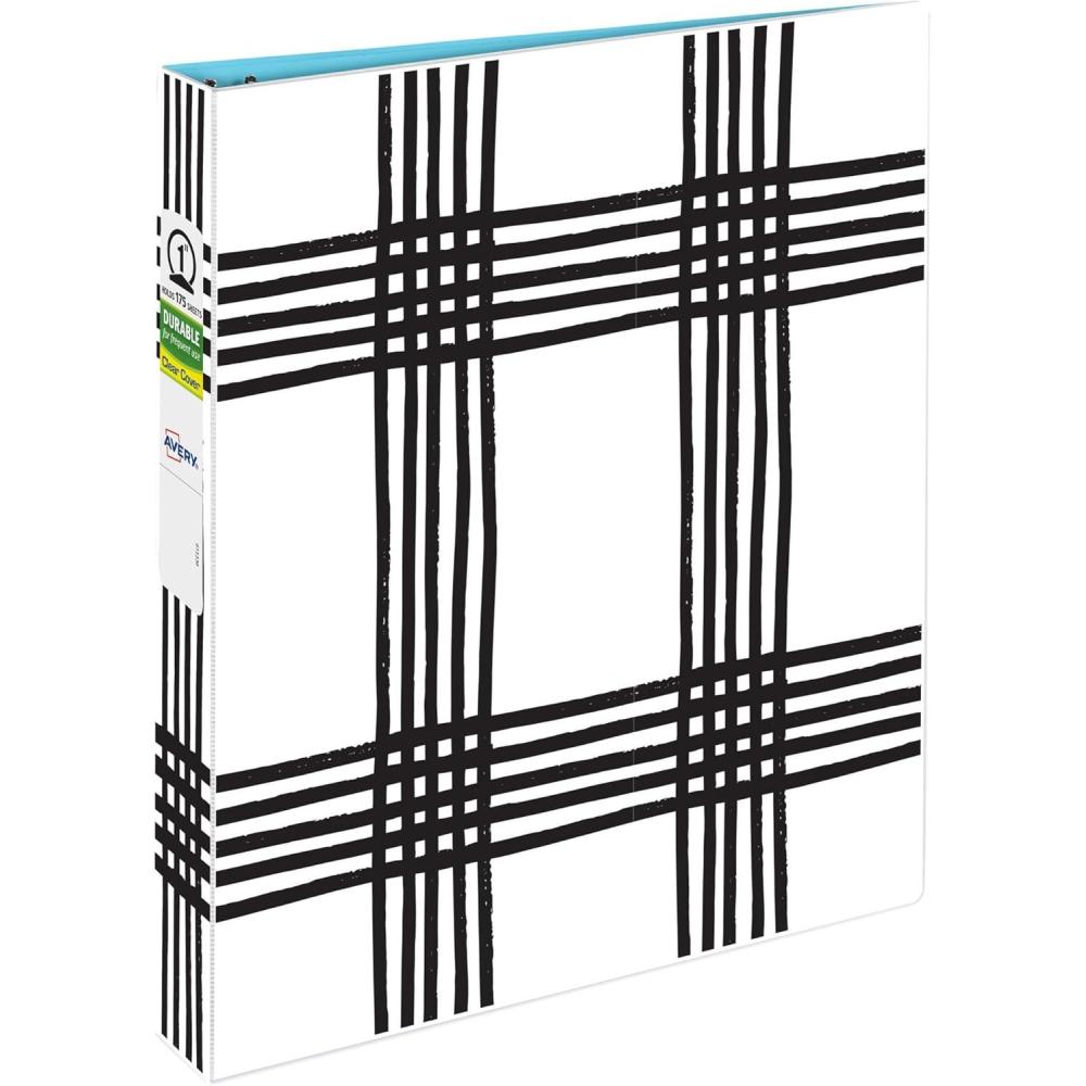imageAvery Durable View 3 Ring Binder 1 Inch Round Rings Black and White Plaid 1 Fashion Binder 26742
