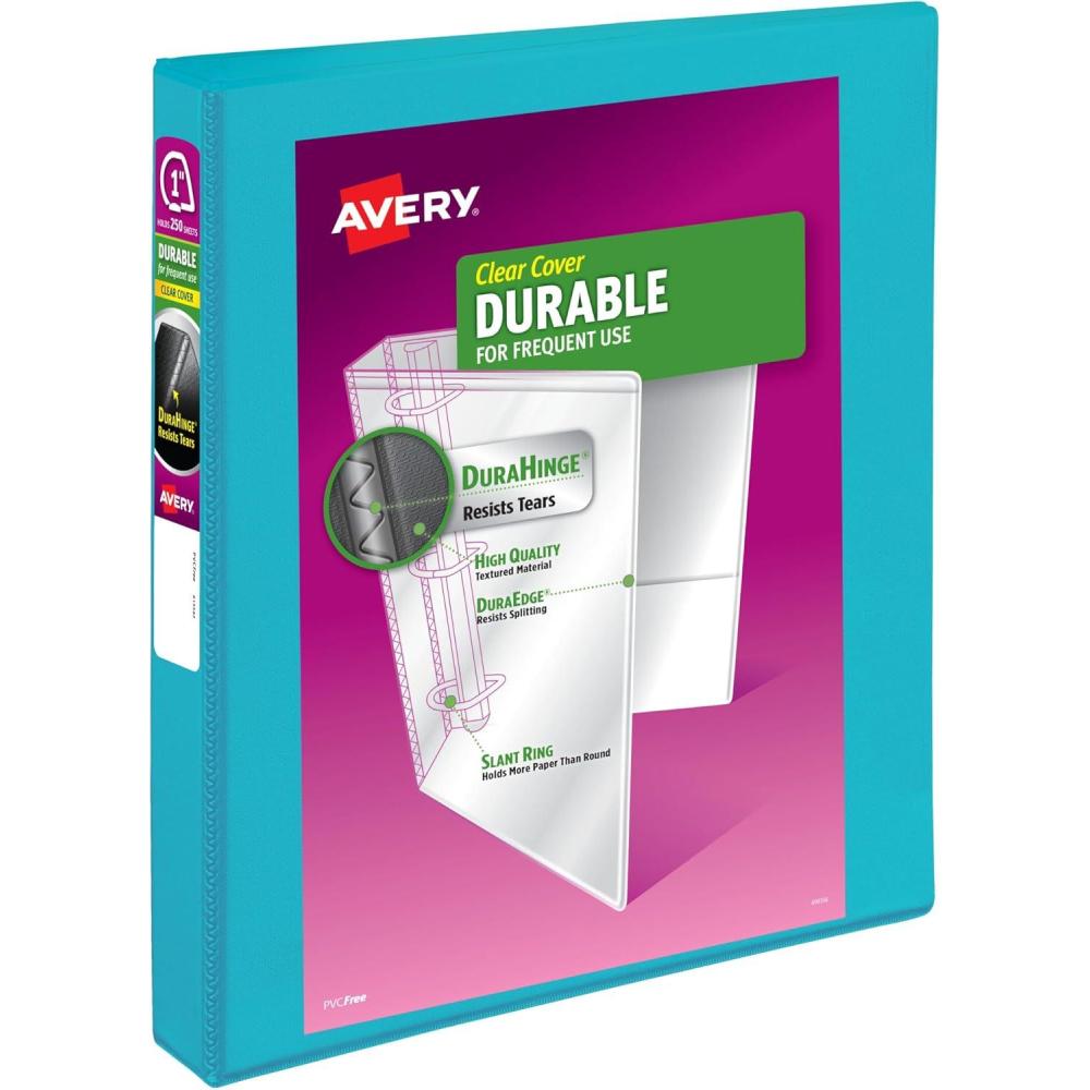 imageAvery Durable View 3 Ring Binder 1 Inch Slant Rings 250Sheet Capacity DuraHinge 14 Inch Wide Spine Customizable Clear Covers and Spine 1 Bright Aqua Blue Binder 17295Aqua
