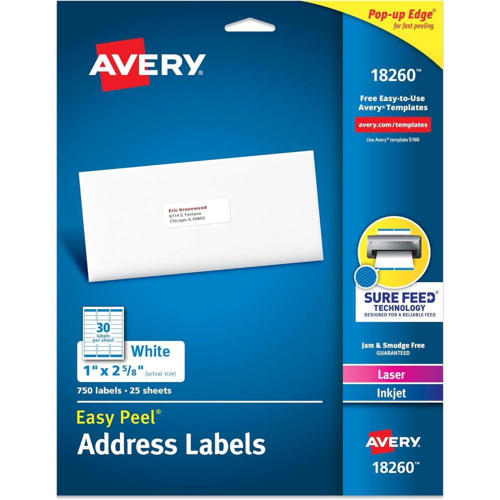 imageAvery Easy Peel Printable Address Labels with Sure Feed 1quot x 258quot Customizable Stickers White 300 Blank Mailing Labels Great for Mailing Shipping and More 18160One Size