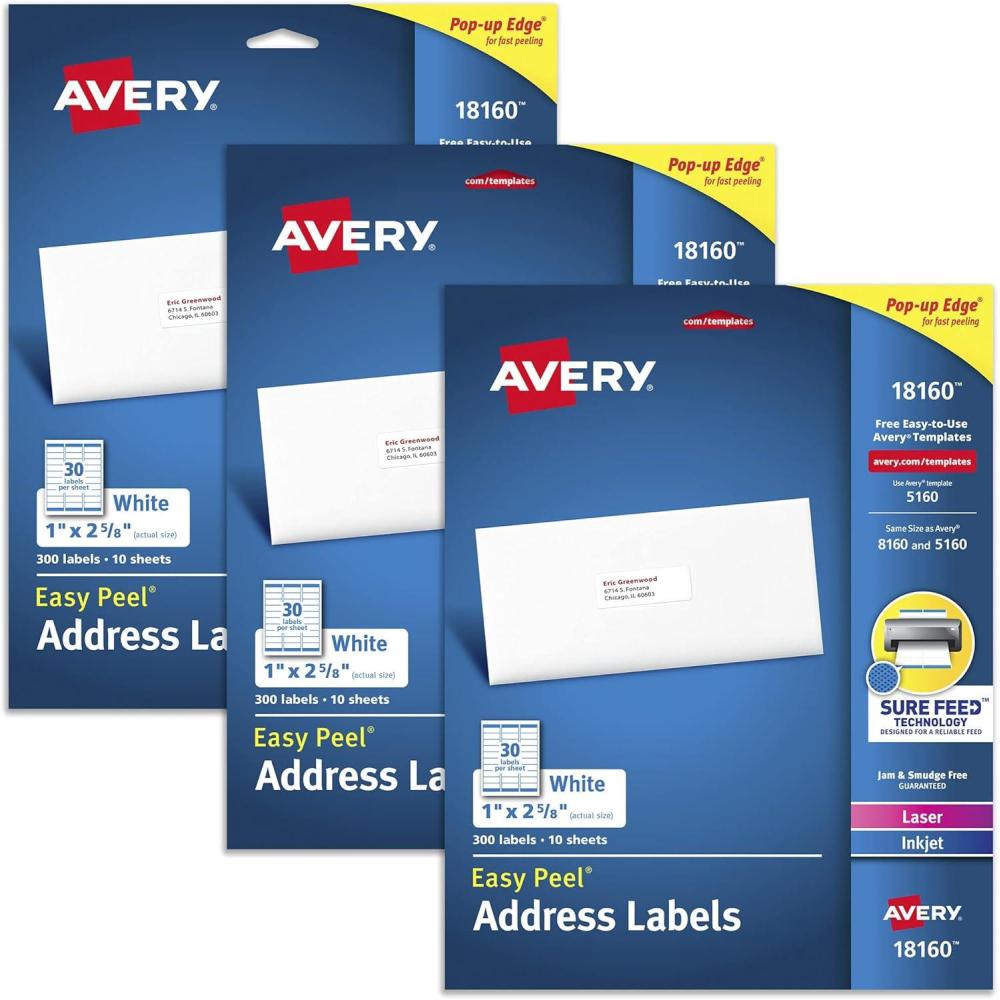 imageAvery Easy Peel Printable Address Labels with Sure Feed 1quot x 258quot Customizable Stickers White 300 Blank Mailing Labels Great for Mailing Shipping and More 181601 x 258