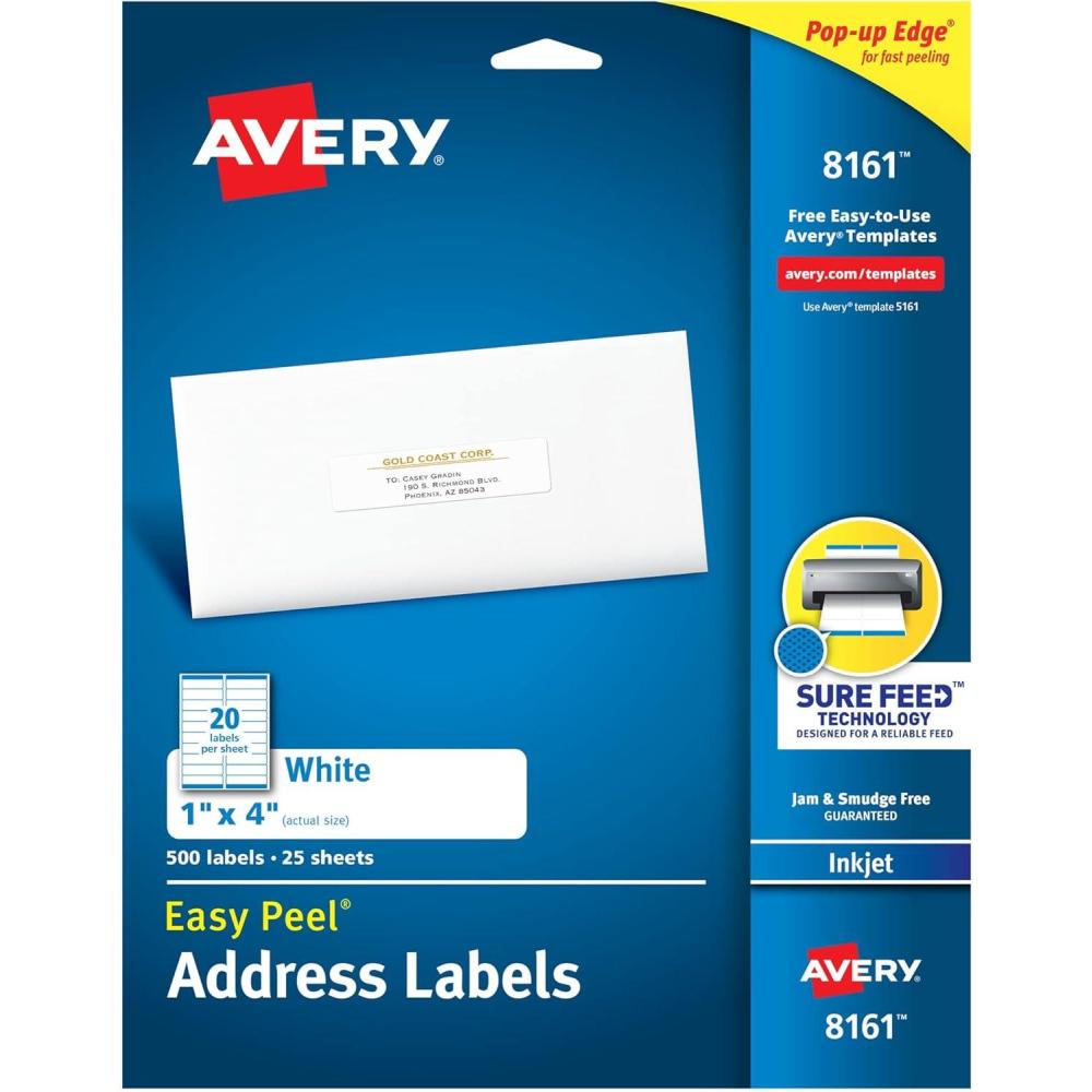 imageAvery Easy Peel Printable Address Labels with Sure Feed 1quot x 4quot White 500 Blank Mailing Labels 081611 in X 4 in