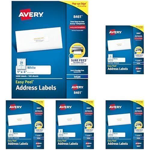 imageAvery Easy Peel Printable Address Labels with Sure Feed 1quot x 4quot White 500 Blank Mailing Labels 081612000 labels Pack of 5