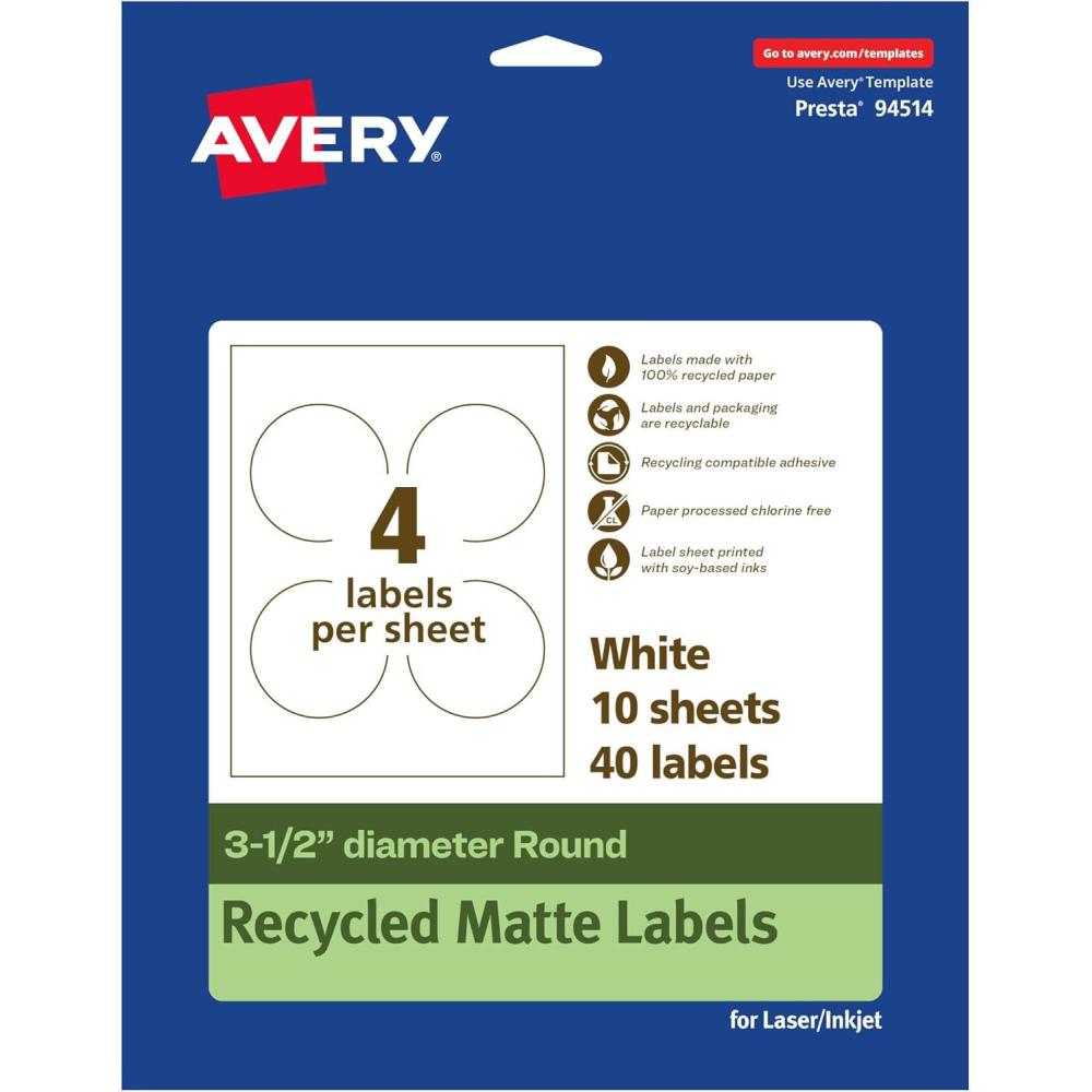 imageAvery EcoFriendly Matte White Recycled Round Labels 35quot Diameter PrinttoTheEdge Matte White Labels Permanent Adhesive LaserInkjet Printable 40 Total40 labels