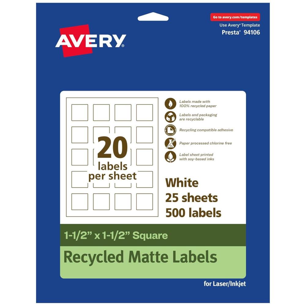 imageAvery EcoFriendly Matte White Recycled Square Labels 15quot x 15quot PrinttoTheEdge Matte White Labels Permanent Adhesive LaserInkjet Printable 200 Total500 labels