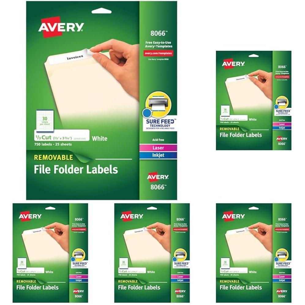 imageAvery File Folder Labels with Sure Feed 23quot x 3716quot 750 Printable Labels Removable White 806623 in X 3716 in Pack of 5