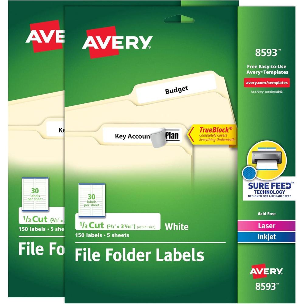imageAvery File Folder Labels with TrueBlock Technology Permanent Adhesive 23quot x 3716quot LaserInkjet 2Pack 300 Labels Total 28593File Folder Labels
