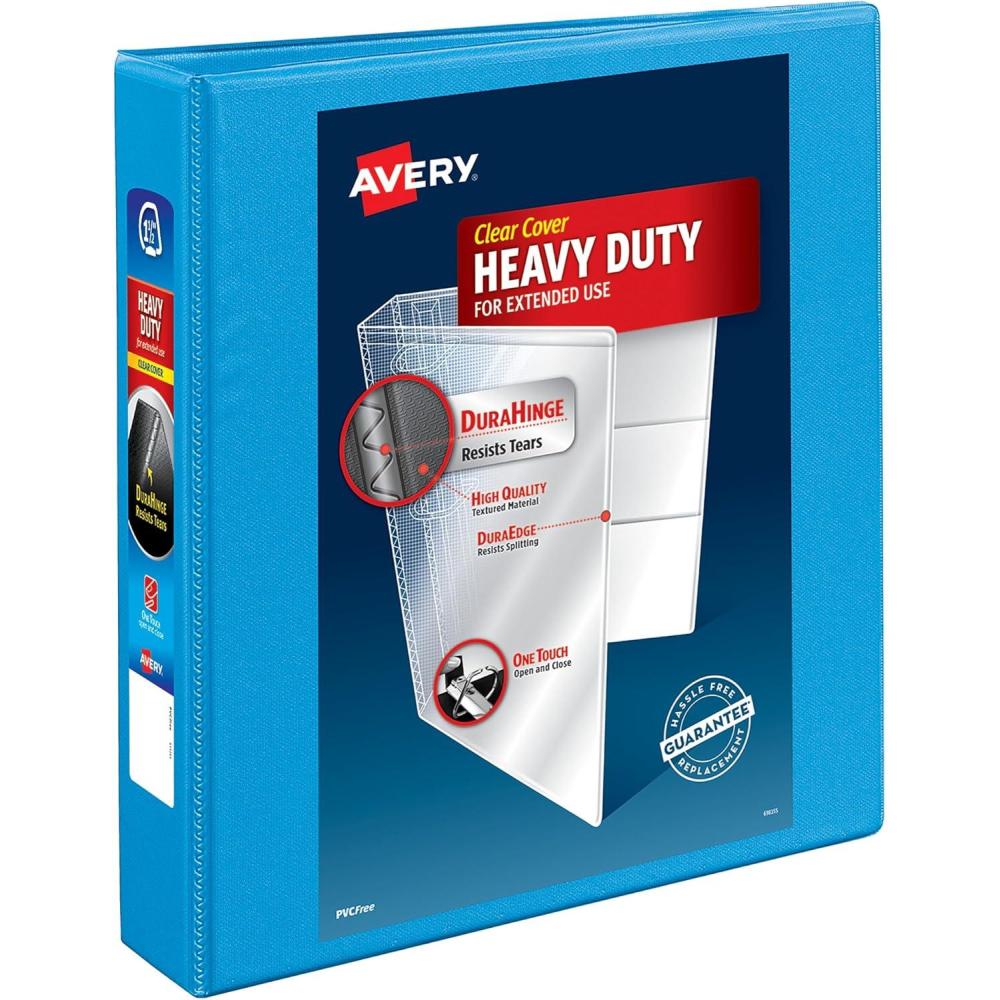 imageAvery HeavyDuty View 3 Ring Binder 2quot One Touch Slant Rings 28 Inch Wide Spine Customizable Clear Cover Ideal for School Office and Home Organization 1 Light Blue Binder 0550115
