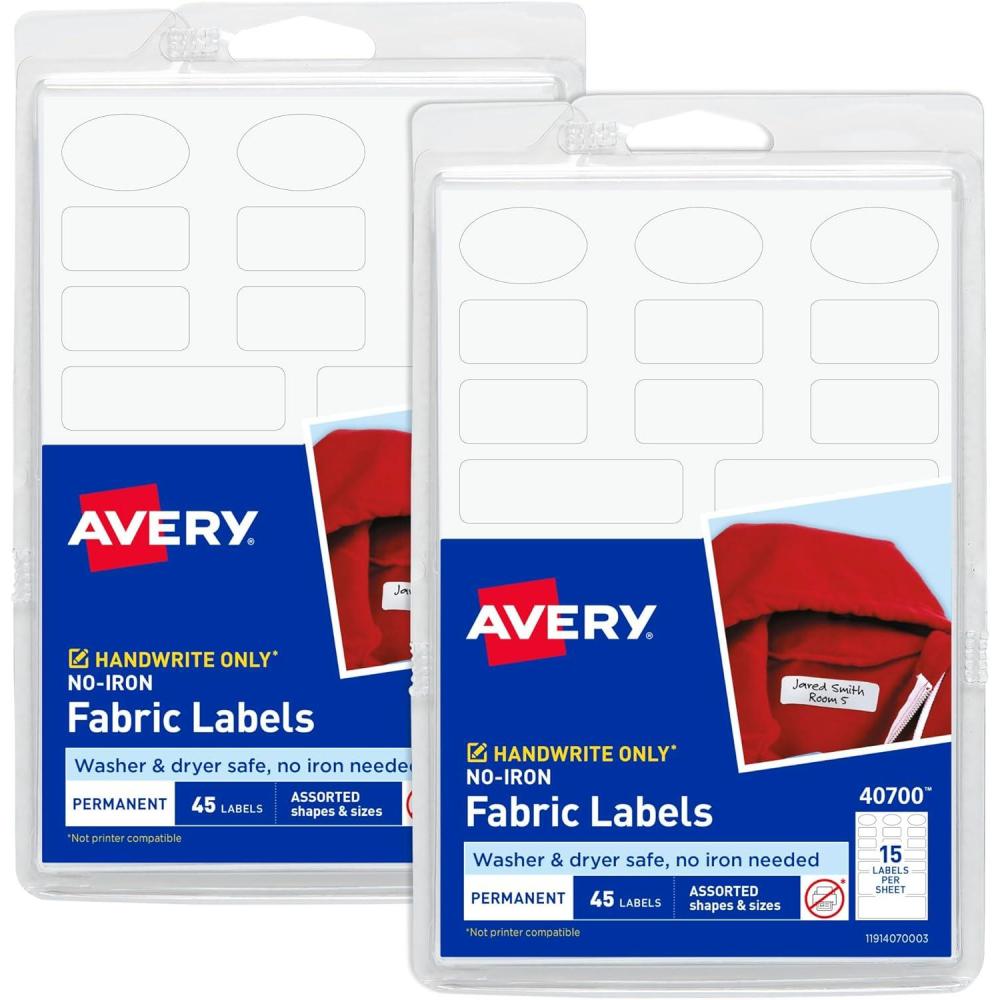 imageAvery NoIron Fabric Labels Assorted Shapes and Sizes Washer and DryerSafe Waterproof Labels NonPrintable 45 Total 4070018 Pack