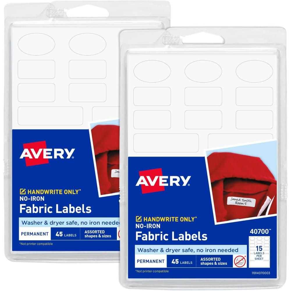 imageAvery NoIron Fabric Labels Assorted Shapes and Sizes Washer and DryerSafe Waterproof Labels NonPrintable 45 Total 407002 Pack