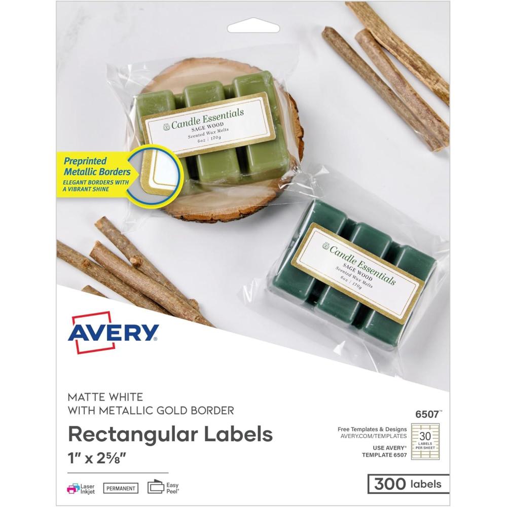 imageAvery Printable Address Labels 1quot x 258quot Matte White with Metallic Gold Borders Permanent Laser ampamp Inkjet Compatible 300 Blank Mailing Labels Great for Weddings Favors and More 6507