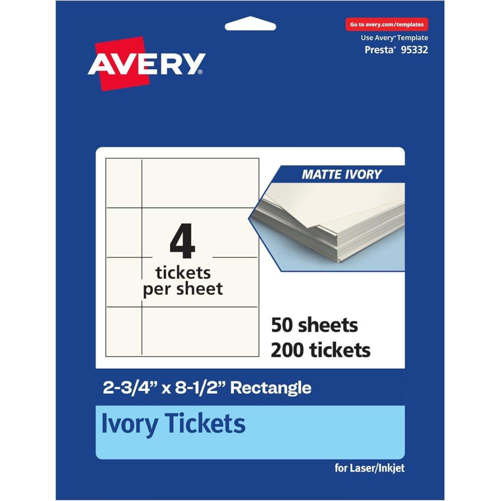 imageAvery Printable Rectangle Tickets 234quot x 812quot Matte Ivory Cardstock LaserInkjet Printable 200 Total200 cards