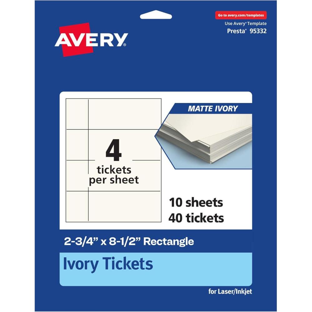 imageAvery Printable Rectangle Tickets 234quot x 812quot Matte Ivory Cardstock LaserInkjet Printable 200 Total40 cards