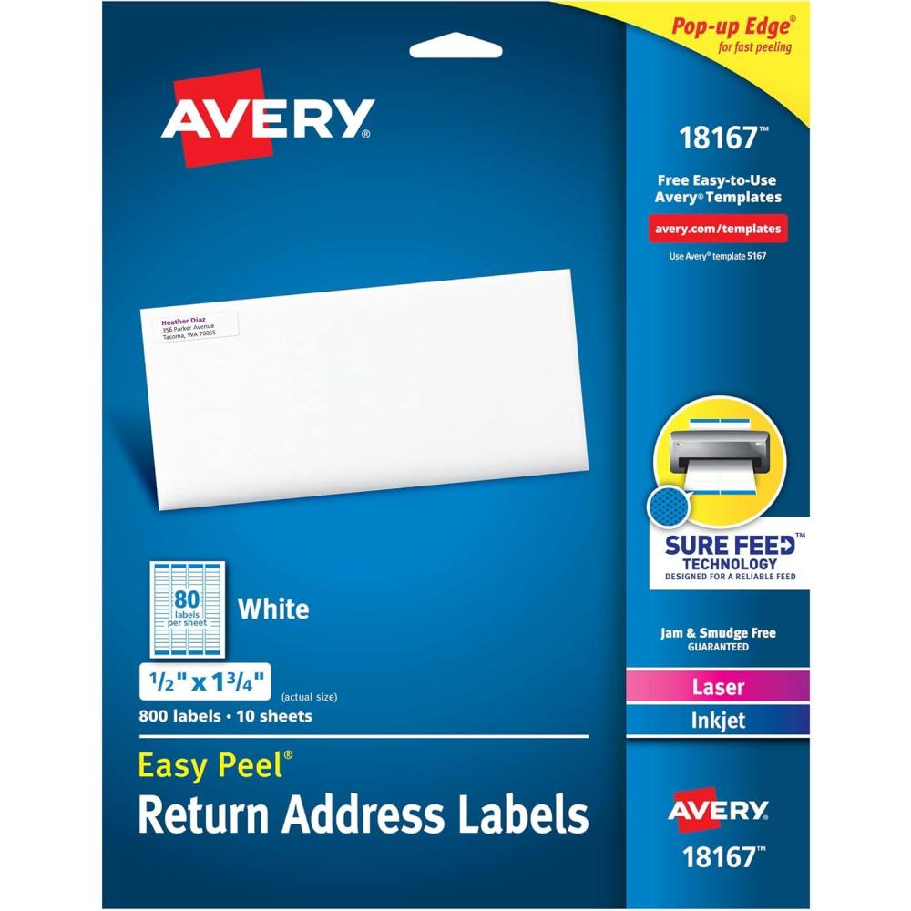 imageAvery Printable Return Address Labels with Sure Feed 05quot x 175quot White 800 Blank Mailing Labels 18167Label 12 x 134