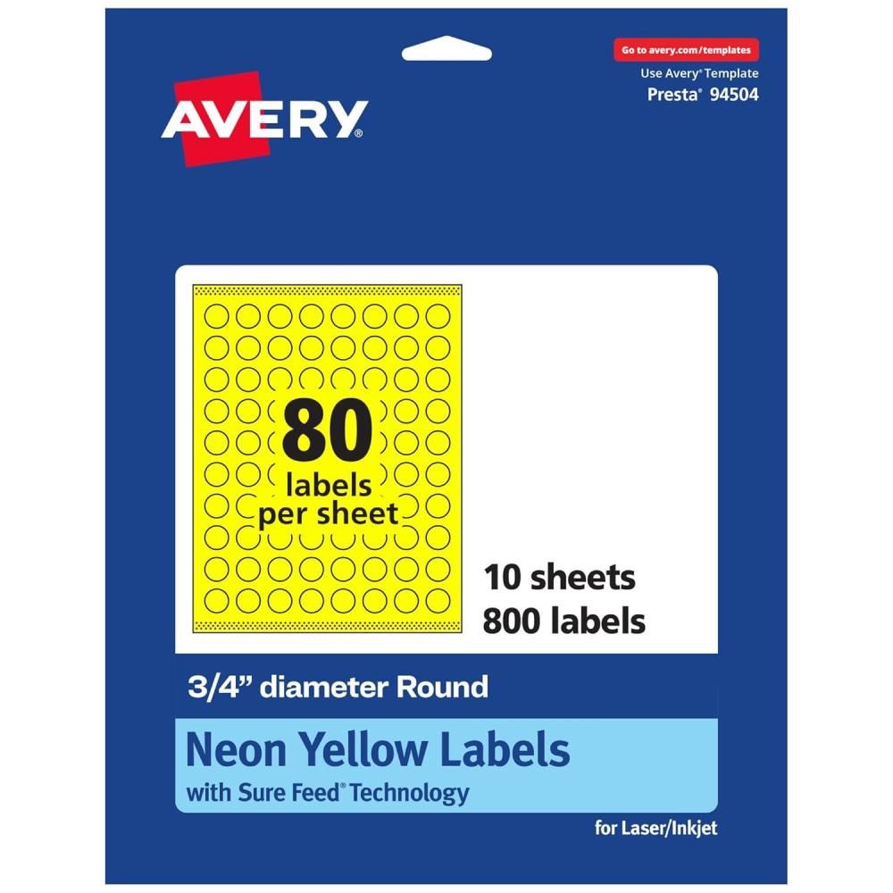 imageAvery Printable Round Labels Sure Feed Technology 34quot Diameter Neon Yellow Labels PrinttoTheEdge LaserInkjet 3200 Total Great for Price Stickers and Mailing Seals800 labels