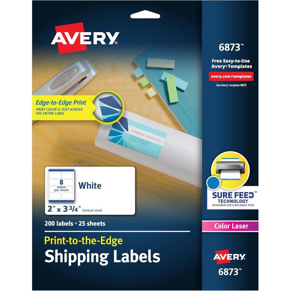 imageAvery Printable Shipping Labels with Sure Feed 2quot x 375quot White 200 Blank Mailing Labels 68732 x 375