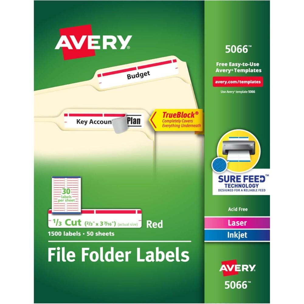 imageAvery TrueBlock File Folder Labels 23quot x 3716quot 1500 Printable Labels WhiteRed Permanent 50665