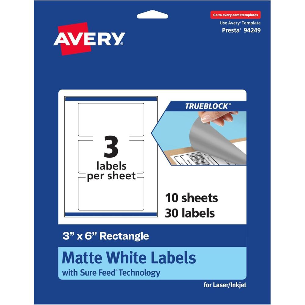 imageAvery TrueBlock Matte White Rectangle Labels Sure Feed Technology 3quot x 6quot 30 Matte White Labels PrinttoTheEdge LaserInkjet Printable Great for Packaging and Product Merchandising30 labels