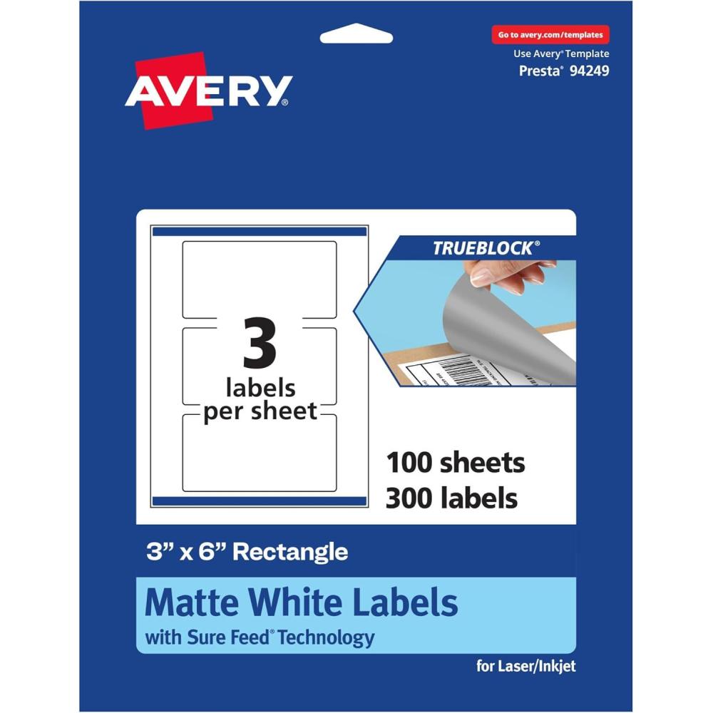imageAvery TrueBlock Matte White Rectangle Labels Sure Feed Technology 3quot x 6quot 30 Matte White Labels PrinttoTheEdge LaserInkjet Printable Great for Packaging and Product Merchandising300 labels
