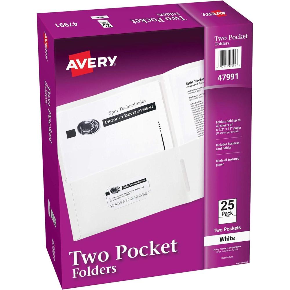 imageAvery Two Pocket Folders Holds up to 40 Sheets Business Card Slot 25 White Folders 47991White