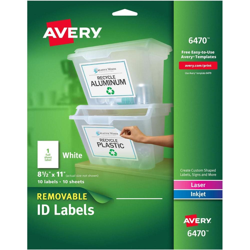 imageAvery White Removable Multipurpose Labels 85 x 11 Inches White Pack of 10 06470One Size