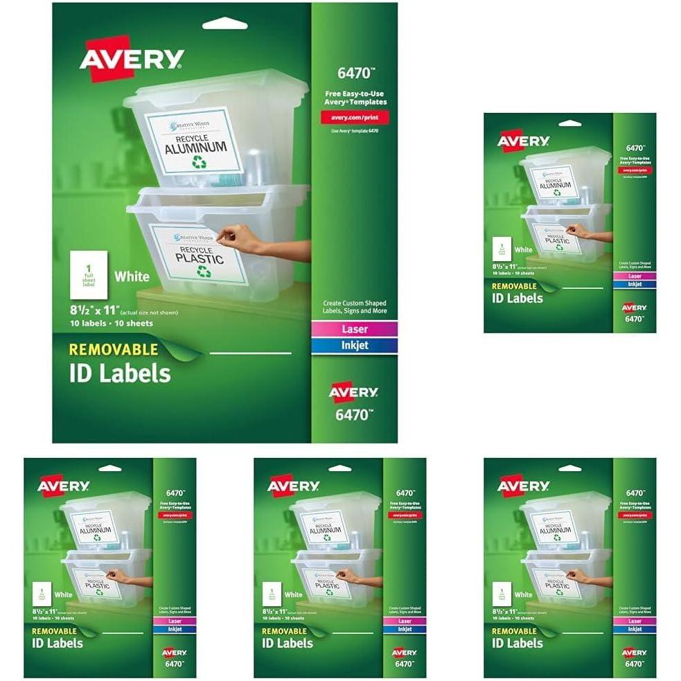 imageAvery White Removable Multipurpose Labels 85 x 11 Inches White Pack of 10 06470One Size Pack of 5