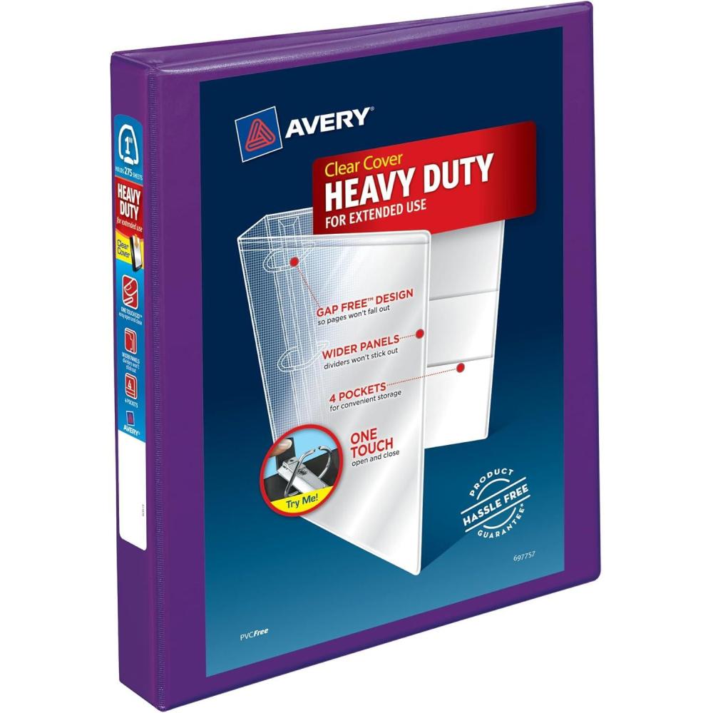 imageAveryR HeavyDuty View 3 Ring Binder 1quot OneTouch EZDR Rings 1 Purple Binder 79771Purple