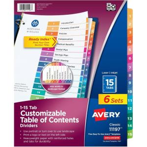 imageAvery 15 Tab Dividers for 3 Ring Binders Customizable Table of Contents Multicolor Tabs 6 Sets 111976 sets