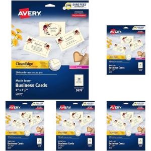 imageAvery Clean Edge Printable Business Cards with Sure Feed Technology 2quot x 35quot Ivory 200 Blank Cards for Laser Printers 5876One Size Pack of 5