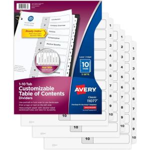 imageAvery Dividers for 3 Ring Binders 10 Tabs per Set Customizable Table of Contents Classic White Tabs Great for Organizing Reports Projects and More 3 Sets of 1107710 Tab Pack of 12