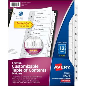 imageAvery Dividers for 3 Ring Binders 12 Tabs per Set Customizable Table of Contents Classic White Tabs Great for Organizing Reports Projects and More 3 Sets of 11078One Size Pack of 24