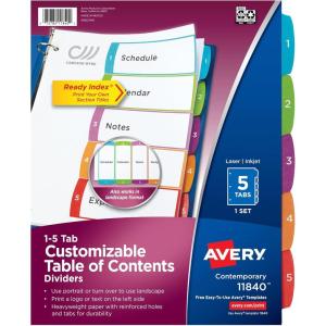 imageAvery Dividers for 3 Ring Binders 5 Tabs per Set Customizable Table of Contents Multicolor Arched Tabs Great for Organizing Reports Projects and More 11840Pack of 1