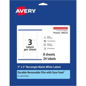 imageAvery Durable Removable Rectangle Labels Sure Feed Technology 3quot x 5quot Matte White Film WaterResistant PrinttoTheEdge LaserPigmentBased Inkjet Printable 75 Total24 labels