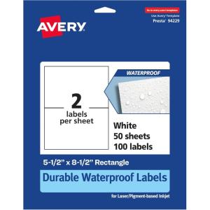 imageAvery Durable Waterproof Rectangle Labels 55quot x 85quot 20 Total Oil and TearResistant Waterproof LaserPigmentBased Inkjet Printable100 labels