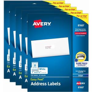 imageAvery Easy Peel Printable Address Labels with Sure Feed 1quot x 258quot Customizable Stickers White 3750 Blank Mailing Labels Great for Mailing Shipping and More 5Pack of 8160250 labels