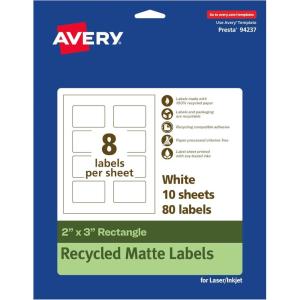 imageAvery EcoFriendly Matte White Recycled Rectangle Labels 2quot x 3quot PrinttoTheEdge Matte White Labels Permanent Adhesive LaserInkjet Printable 80 Total80 labels