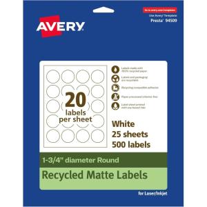 imageAvery EcoFriendly Matte White Recycled Round Labels 175quot Diameter PrinttoTheEdge Matte White Labels Permanent Adhesive LaserInkjet Printable 200 Total500 labels
