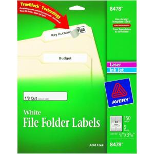 imageAvery File Folder Labels for Laser ampamp Inkjet Printers 066quot x 343quot White 150 Pack 8478