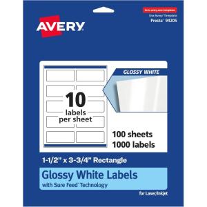 imageAvery Glossy White Rectangle Labels Sure Feed Technology 15quot x 375quot 100 Glossy White Labels PrinttoTheEdge Permanent Adhesive LaserInkjet Printable1 000 labels
