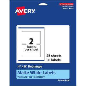 imageAvery Matte White Rectangle Labels Sure Feed Technology 4quot x 6quot 50 White Labels PrinttoTheEdge Permanent Adhesive LaserInkjet Printable50 labels