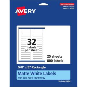 imageAvery Matte White Rectangle Labels Sure Feed Technology 58quot x 3quot 800 Matte White Printable Labels800 Labels