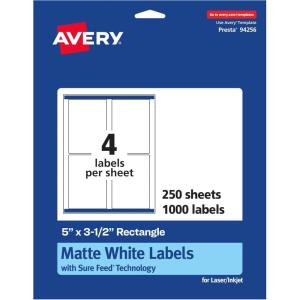 imageAvery Matte White Rectangle Labels Sure Feed Technology 5quot x 35quot 100 Matte White Printable Labels1 000 Labels