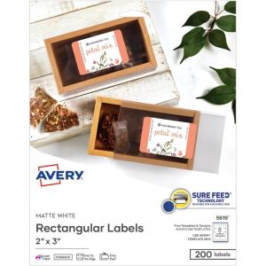 imageAvery Printable Rectangular Labels Sure Feed Technology 2quot x 3quot Matte White Permanent Adhesive LaserInkjet Printable 200 Blank Labels Great for Product Merchandising Stickers and More 5619
